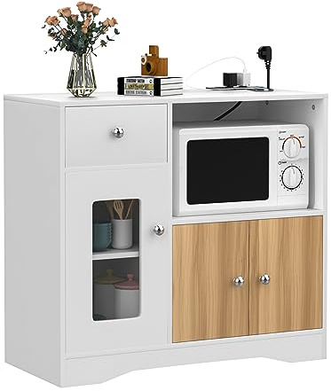 Lvhecforhm Buffet Haut avec 1 Tiroir et 2 Portes, Armoire de Cuisine avec Étagère à Micro-ondes, Prise, pour Entrée, 83 x 40 x 80 cm, Blanc