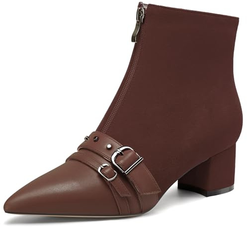 NobleOnly Womens Mid Block Heel Pointed Toe Studded Rivets Patchwork Ankle Boots Short Bootie Buckle Zipper Prom Dress Shoes 5 CM Heels Dark Brown 6 UK