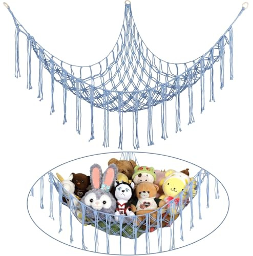 Boho uppstoppade djurnät eller hängmatta stor, 140 cm leksak hängmatta makramé grejer djurförvaring hörn hängande näthållare, näthängmatta plysch leksak organiserare med krokar för sovrum, barnkammare