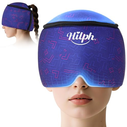 Hilph Migräne Maske Gel Kühlmaske, 360° Ganzkopf Bedeckung Migräne Mütze | Einstellbar Kühlmaske mit Öffnung für Die Haare zur Linderung Kopfschmerzen, für Geschwollene Augen, Nebenhöhlen