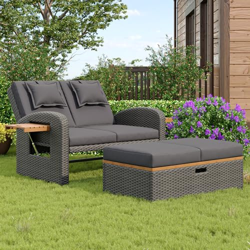 KUAKE Set di mobili da giardino in rattan per esterni, divano in rattan a 2 posti, con funzione di sonno, letto doppio con ripiani laterali