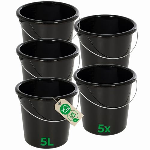 Novaliv 5 Stück Eimer 5L Schwarz mit Maßeinteilung - Putzeimer 5 Liter ? 22,5 cm Praktischer Allrounder mit Skala für Haushalt & Garten ideal als Haushaltseimer, Wassereimer, Wischeimer, Bucket