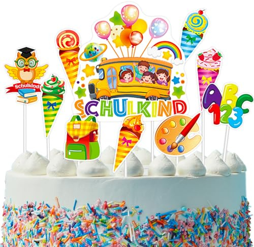 Tortendeko Einschulung,19 Stück Schulanfang Tortendeko,Schulkind Cake Topper Buchstaben Kuchen deko, für Schulkind Junge Mädchen Geschenk und Einschulung Party Deko (A)