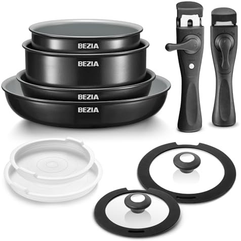 BEZIA Set di pentole a induzione con rivestimento in ceramica sano, pentole e padelle antiaderenti, set da 10 pezzi con manici staccabili, set da cucina per camper a induzione con manici rimovibili,