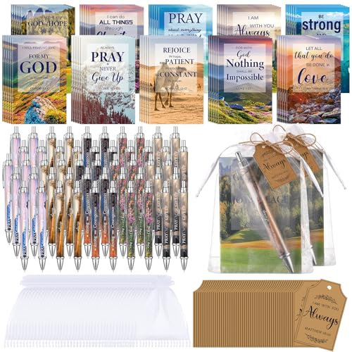 Qeeenar 200 Pcs Christian Gifts Bulk Sets Bible Verse Religious Ballpoint Pen and Notebook Gift Set with Thanks Tags Organza Bag Gift Bulk for Women Church Christian Party Favors(Bright Color,Scenery)