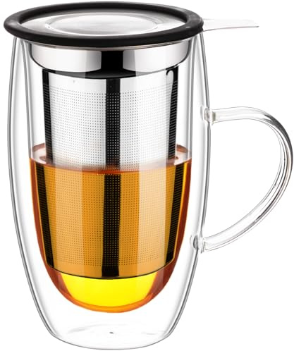 Baalaka Double Wall Glass Tea Cup With Stainless Steel Infuser and Lid, 16oz Borosilicate Glass Tea Mug, Tea Infuser for Loose Leaf Tea, Teas Gifts for Lovers