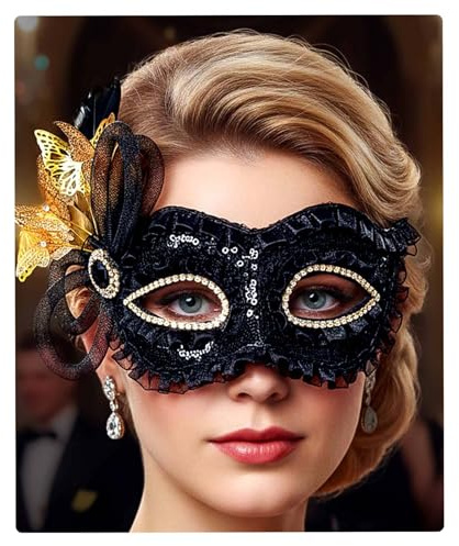 Flayem Damen Venezianische Masquerade Maske Schwarzes Pailletten Schmetterling Bohrinsel Lakritze Schön Funkeln Party Kostüme Mardi Gras Anhang