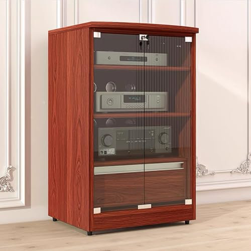 GUAWJRZDP Audio Rack Hi Fi Regal mit Stauraum, Phonoschrank Mit Verstellbaren Regalen, Plattenspieler Regal mit Glastüren, Holz Hi Fi Regal mit Klappdeckel(Red-Brown,3-Tier)