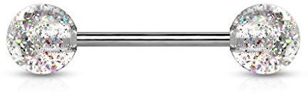 beyoutifulthings tungpiercing glittrande akrylbollar 6 mm silver universell piercing kirurgiskt stål barbell-s stånglängd 16 mm, Rostfritt stål