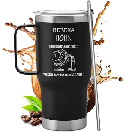 Maverton Personalisierter Thermobecher 600 ml mit Griff | Schwarzer Trinkbecher mit Deckel und Strohhalm, Edelstahl Kaffeebecher to go 100% dicht, Abschiedsgeschenk Erzieherin