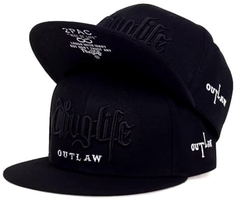 Doniya Fitness Tupac Thug Life Outlaw Baseball Cap, Black/White, Flat Brim Snapback