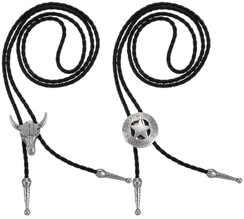 JJUNW 2 Stück Bolo-Krawatte, Western Cowboy Kostüm für Damen und Herren, Leder Halskette Lariat - Schwarz Rodeo Anhänger