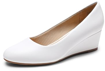 DREAM PAIRS Escarpins à talons compensés fermés à bout rond pour femme - Confortables à enfiler - Chaussures de travail ou de mariage, Blanc, 9.5