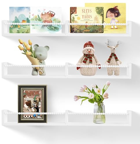 NIUBEST Wandregale für das Kinderzimmer, Kinderbuchregale 3er Set,schwebendes Bücherregal für Babybuch- und Spielzeugaufbewahrung,Dekor mit Holzperlen-Stange,bereits montiert,81,5 cm (Weiß)