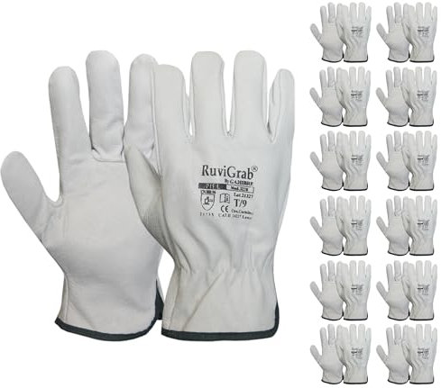 RuviGrab - Pack 12 pares - Guante de Trabajo Piel, Guantes jardin, Guantes Cuero, Guantes para Obra, Guante trabajo hombre y mujer
