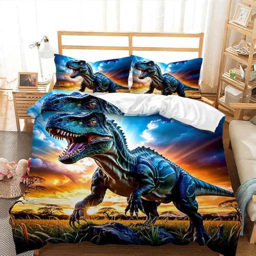 ZZTBQ Cartoon Dino Bettwäsche-Set für Kinder 135x200 2teilig Niedlich Cartoon Bunter Dinosaurier Kinderbettwäsche 1 Bettbezug 135x200 cm + 1 Kissenbezüge 80X80 cm, T-Rex Dino Kinder Bettwäsche-Sets
