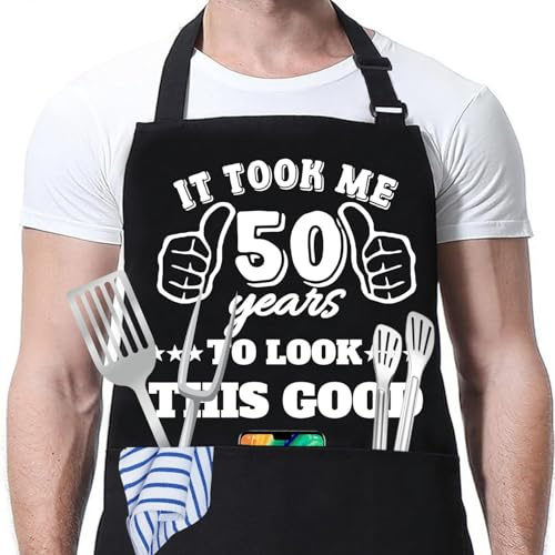 JOUWUI Geschenk zum 40., 50., 60., 65., 70., 75. Geburtstag für Männer, Kochen, Grillen, Grillen, Chef, Schürzen mit 3 Taschen, Küchengeschenk, 50., One size