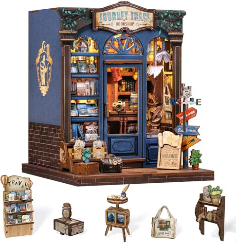 Cutefun Book Nook Kit Toy House DIY Mini Boots & 3D Puzzle Board with LED Lights for Youth and Adults (Journey Trace Bookshop)