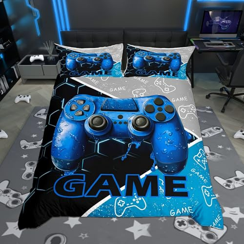 Gaming Boys Duvet Cover Set King Size,Blue Video Game Consoles Gamepad Reversible Comforter Cover with 2 Pillowcases,Geometric Honeycomb Gamer Room Decor Microfiber Quilt Cover Set (NO Comforter)