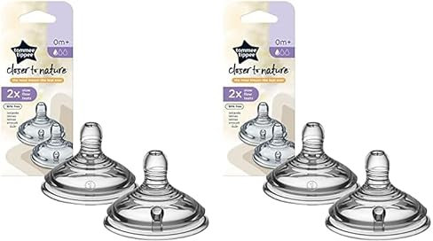 Tommee Tippee Closer to Nature Baby Bottle Teats, Breast-Like, Anti-Colic Valve, Soft Silicone, Slow Flow, 0m Plus, Pack of 4