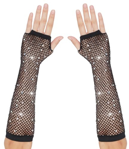 Lusofie Fishnet Gloves Fingerless With Rhinestone Long Fingerless Mesh Gloves for Women Girls 80s Halloween Scene Accessories(Black)