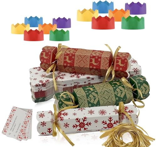 DIY Christmas Crackers Gift Boxes with Hat/Joke,30P White Green Red Christmas Party Crackers Bulk No Snap,Make Your Own Cracker Kit for Adult,Family Cracker Fill Your Own Candy Novelty CrackerBox