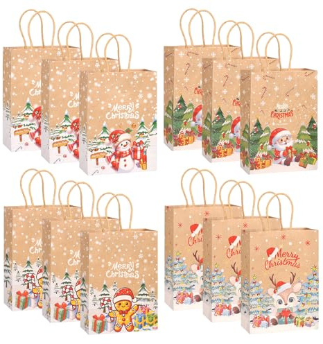 12 Weihnachtspapiertüten mit Griff, Weihnachtsgeschenktüten aus Papier | Dauerhaft,Wiederverwendbare Weihnachts-Papiertüten aus Kraftpapier,für Weihnachtsgeschenke Partydekorationen