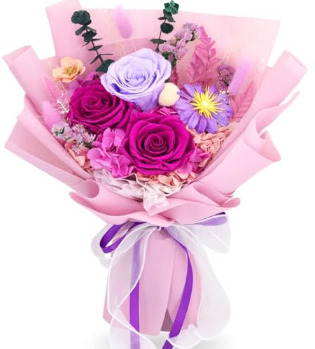 jabeick Preserved Flowers for Delivery, Purple Flowers Fresh Bouquet with Gift Box, Forever Eternal Rose for Her Mom Wife Girlfriend on Christmas, Valentines Day, Mother's Day, Birthday