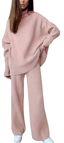 Generisch Zweiteiler Lounge Set Damen Strick Jogginganzug Langarm Strickpullover Oberteile Und Weite Hose Hausanzug Rundhalsausschnitt Rippenstrick Loungewear Freizeit Outfits Set Winter Strickanzug