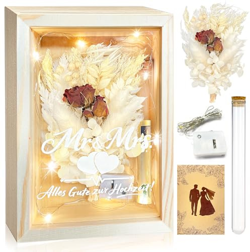 TZEKING Geldgeschenk Hochzeit,Hochzeitsgeschenke für Brautpaar,Geldgeschenke Verpackung,Hochzeitsgeschenk Geld inklusive Holzbox,Getrocknete Blumen,15cmReagenzglas,Lichterketten,Stift