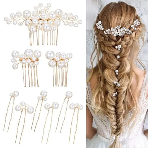 Matwsec 9 Pcs Pearl Hair Pins Wedding Bridal Hair Accessories U Shape Pearl Hair Clips Jewelry Headpiece Gold Hair Accessories for Brides Bridesmaids Flower Girls