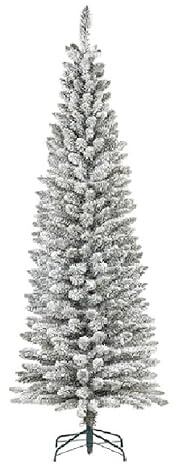 Albero di Natale slim Bianco Innevato piccolo alto cm 210 Salvaspazio 445 cime Apertura ad Ombrello piede in metallo folto stretto