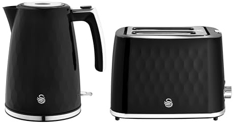 Swan Hexton Kitchen Set, 1.7L Rapid Boil Kettle, 3000W, and 2 Slice Toaster with 7 Browning Levels, 900W, Black with Chrome Accents, SK19038BLK & ST19037BLK