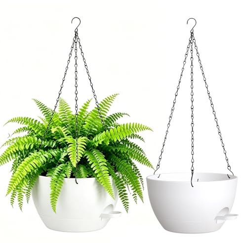 WSMKSZ 25cm Selbstbewässernde Blumenampel Hängend Innen Außen, 2er Set Kunststoff Blumentopf Hängend mit Drainageloch & Wasserreservoir, Hängetopf für Pflanzen für Balkon, Veranda, Garten, Weiß