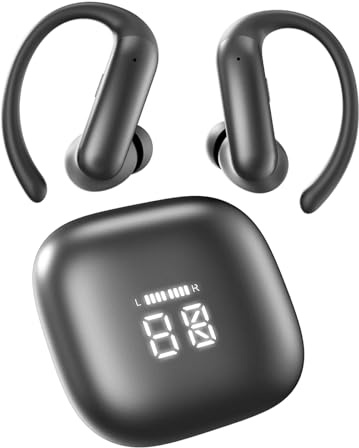 AZJLOOF Cuffie Bluetooth 6.0 Sport, 75 Ore Auricolari con 3D Bass Stereo, HiFi Stereo, LED Display, IP7, Vestibilità Comoda, iOS/Android,auricolari bluetooth con archetto per Running/Palestr Nero