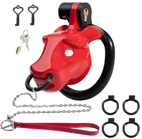Cages de Chasteté Pénis Sex Toys Homme Chastity Cage en Forme de Taureau avec Serrure Invisible et 4 Anneaux Différents Cage Chastetée Légère avec Chaîne pour Bondage le Pénis (Red)