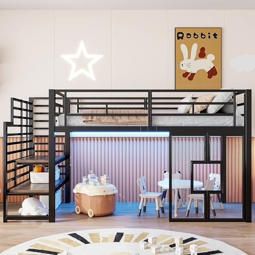 Kinderbett Etagenbett 90x200, Metallbett Halbhochbett mit Treppe & LED-Beleuchtung & Fenstern,Funktionsbett Einzelbett Hochbett Stockbett Spielbett Jugendhochbett mit Lattenrost,Ohne Matratze,Schwarz
