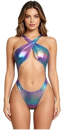 Yihuimin dam monokini baddräkt glänsande metallisk monokini bikini underkläder rave kläder transparent string body extrem klubb, blå, L