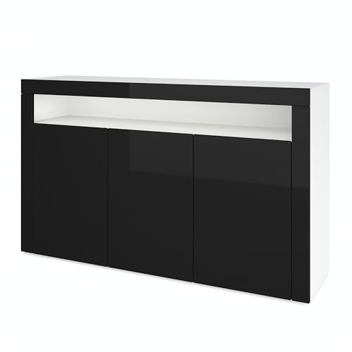 Vladon Sideboard Valencia, Kommode mit 3 Türen und 1 offenem Fach, Weiß matt/Schwarz Hochglanz (155 x 92 x 40 cm)