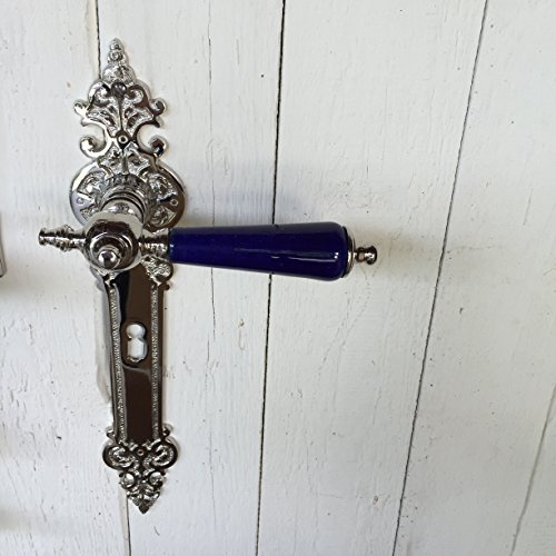 Antikas - Garniture de porte intérieure en nickel - Poignée de porte avec poignée en porcelaine bleu outremer.