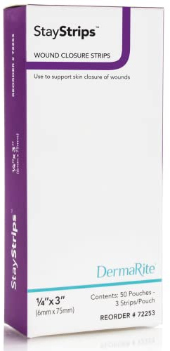 DermaRite's StayStrips Wound Closure Stripes - Flexible, Air Permeable Adhesive for Scar Reduction, No Natural Rubber Latex - 1/4 in. x 3 in., 50 Count
