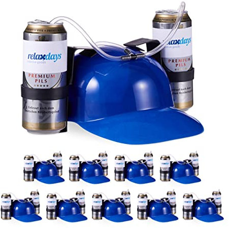 Relaxdays Casque à boisson, lot de 10, casque à tube, 2 porte-canettes, casque à bière, anti-soif, carnaval, fête, football, bleu