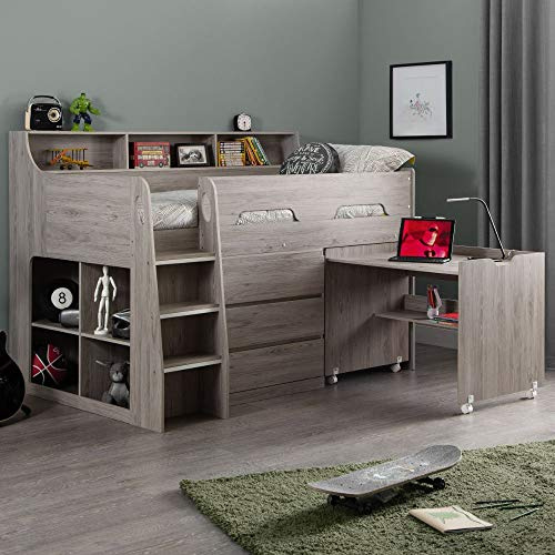 happybeds Jupiter Grey Oak Wooden Mid Sleeper Bed, 3ft Single, Frame Only | 3ft Single, Wooden Mid Sleeper Bed, Frame Only, Grey Oak, Storage Shelves, Solid Slatted Base, Safety Rails, Ladder, Desk