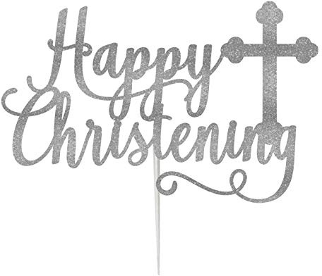 LissieLou Happy Christening with Cross Cake Topper Glitter Card Silver Made in the UK