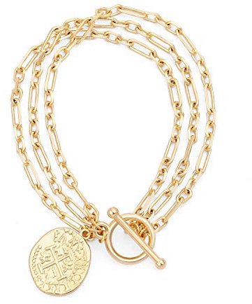 PEARLADA 3-Row 18K Gold Plated Chain Bracelet Dainty Cross Medallion Charm Bracelet OT Toggle Bangle Handmade Stacking Layering Jewelry Fashion Long and Short Oval Link Bracelet for Her