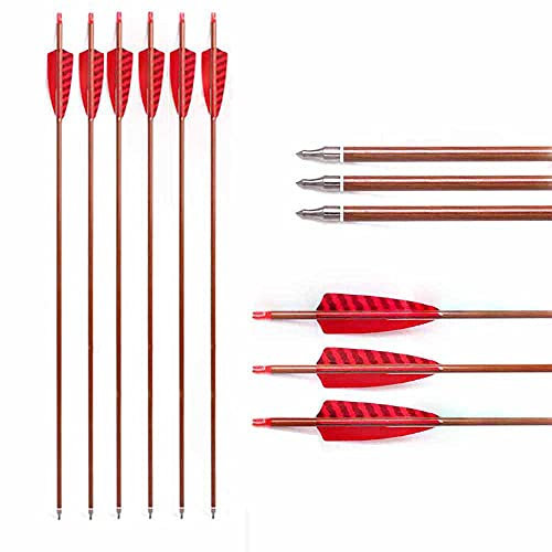ACCMOS 6 Stück 30 Zoll Carbonpfeile ID 6,2 mm Spine 500 Holzfarben Echte Feder Jagdpfeil, für Langbogen Recurve Bogen Compoundbogen Bogensport (6pcs, Red)