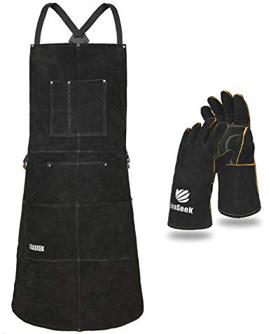 LeaSeek Schweißerschürze aus Leder,Hitzebeständige & Flammhemmende Schwere Arbeitsschürze mit 6 Taschen, 42 Extra Groß & Langer Riemen, Grill schürze Schwarz