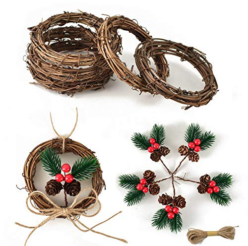 Luckforest 5 Stück 10,2 cm Weinrebenkranz und 5 Stück 8,6 cm künstliche Weihnachtsspieße, sortierte rote Beeren für Weihnachten, Hochzeit, Party, Geschenke, Abendessen Dekor