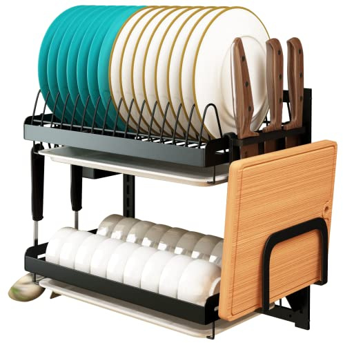 Supfirm Wall Mounted Stainless Steel Dish Drying Rack Fruit Vegetable Storage Basket with Drainboard Kitchen Supplies Shelf Utensils Organizer (2-tier)