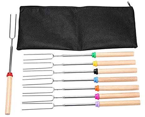 JIUFU Bastoncini per arrosti con Manico in Legno Forchette estensibili Spiedi telescopici per falò Firepit e Barbecue per Salsicce 8pz